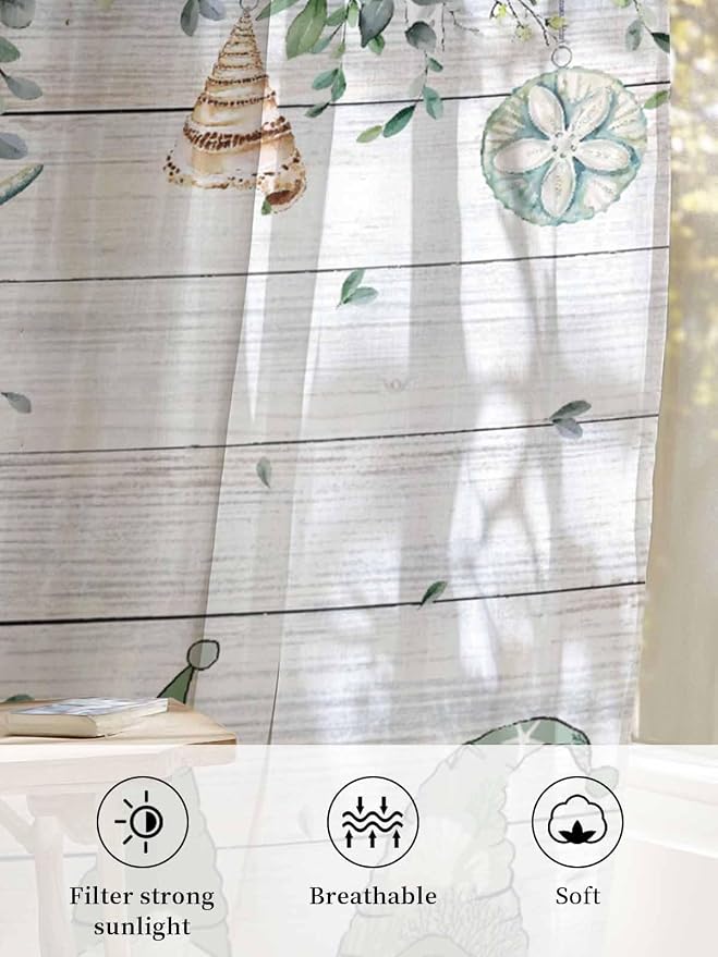 Sheer Curtains 63 Inch Length, Coastal Eucalyptus Leaf Semi Sheer Curtains - Image 6