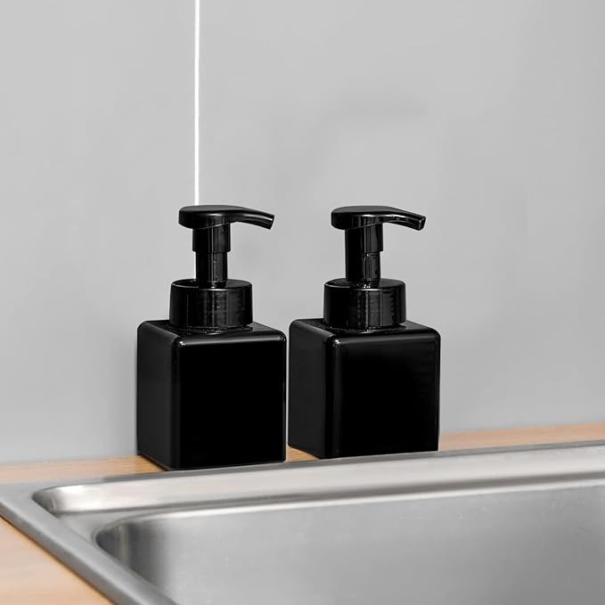 UUJOLY Foaming Soap Dispenser, 9oz Refillable Pump Bottle Plastic for Liquid Soap, Shampoo, Body Wash, 2 Pcs, Black
