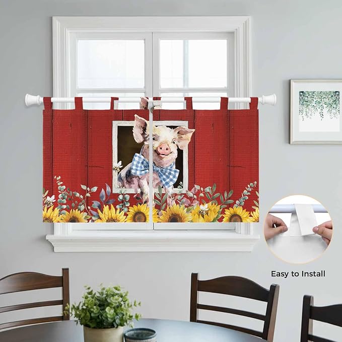 Pig Sunflowers Kitchen Curtains 24 Inch Length, Small Window Curtains Tab Top - Image 4