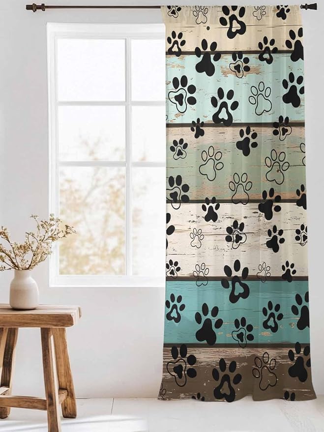 Sheer Curtains 108 Inches Long, Sage Green Brown Paw Prints Semi Sheer Curtains - Image 3