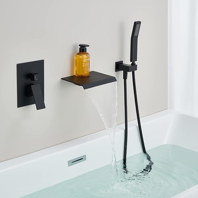 Wall Mount Tub Filler Waterfall Tub Faucet Black Bathtub Faucet Brass Single Handle Bathroom Faucet with Hand Shower