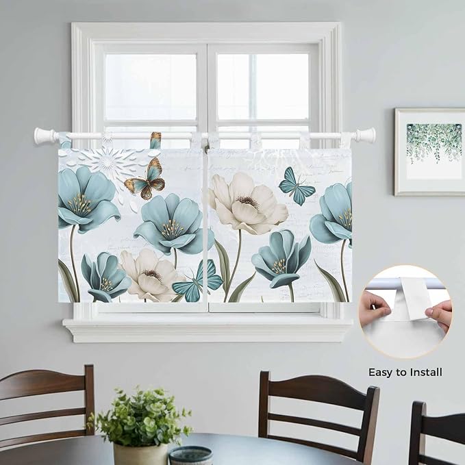 Blue Tulips Kitchen Curtains 36 Inch Length, Small Window Curtains Tab Top - Image 4