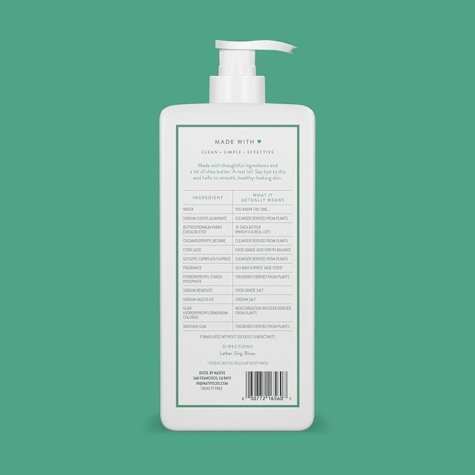 Native Moisturizing Body Wash Contains Naturally Derived Ingredients | For Women & Men, Sulfate, Paraben, & Dye Free Leaving Skin Soft and Hydrated | Lily Milk & White Sage 18 oz