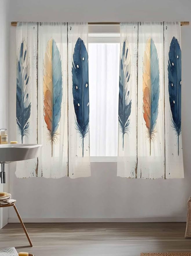 Sheer Curtains 72 Inches Long, Boho Ombre Vintage Wooden Grain Privacy Voile - Image 5