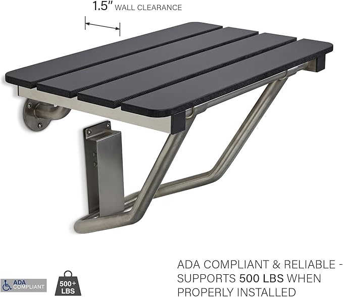 18-inch x 15-inch ADA Folding Wall Mount Bathroom Shower Seat Bench, Black Slatted Phenolic Seat