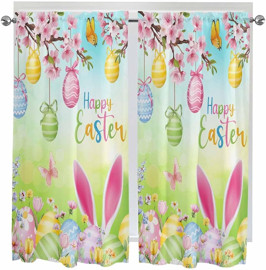 Easter Living Room Curtains 72 Inches length, Spring Bunny Colorful Rabbit Eggs by Unknown