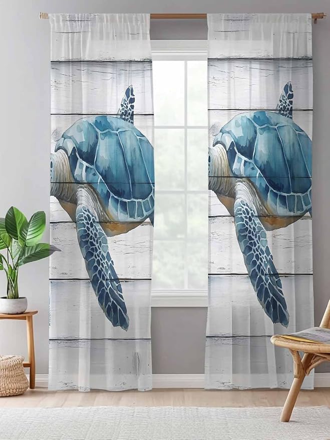 Sheer Curtains 96 Inches Long, Sea Turtle Blue Semi Sheer Curtains Light - Image 5