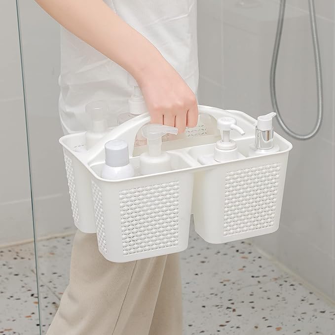 UUJOLY Plastic Portable Shower Caddy Basket Bucket, Cleaning Shower Basket with Handle Compartments Storage Basket Organizer for Bathroom Kitchen College Dorm Sink, White