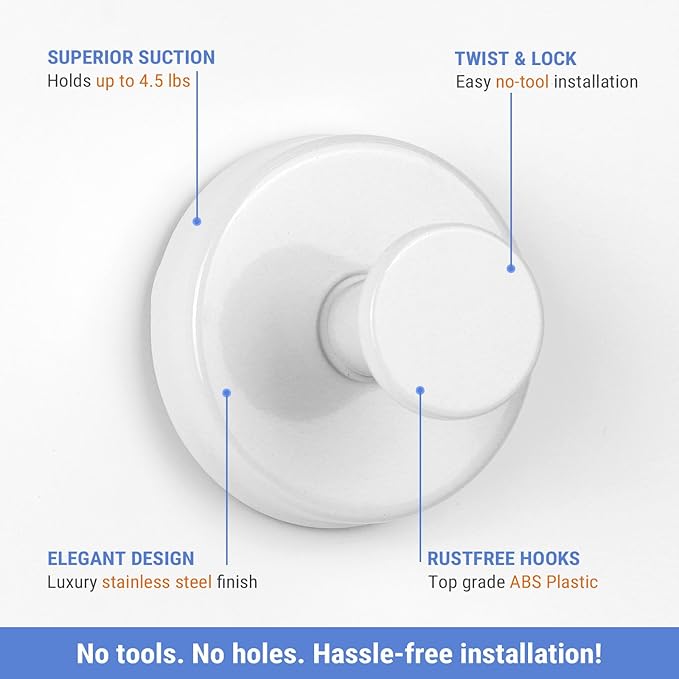 Suction Cup Hooks for Shower, 4 Pcs Stainless Steel Wall Shower Hooks for Bathroom Kitchen, Glass, Mirror,White