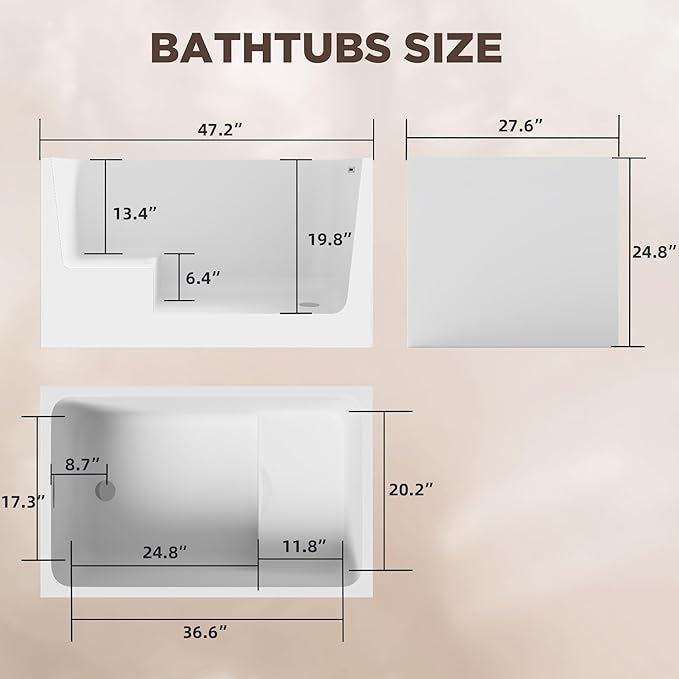 43 Square Inch Acrylic Independent Bathtub, Capacity 50 Gallons, Can Hold 650 Pounds, Smooth White Surface, Chrome Plated Drainage And Overflow (Seated) (White, 43 In With Seat)