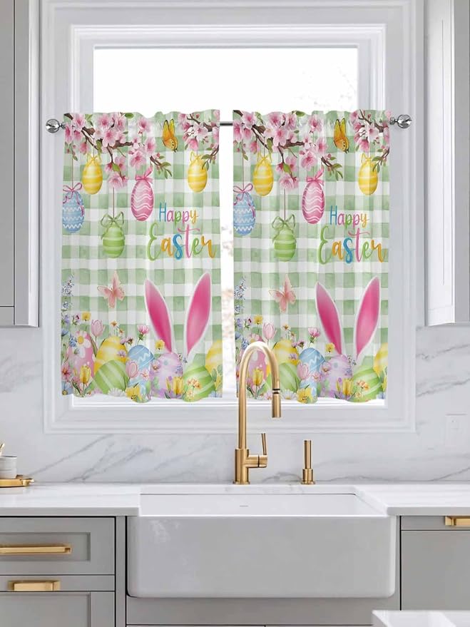 Happy Easter Kitchen Curtains 54 Inches Length, Spring Bunny Eggs Flower Sage - Image 3