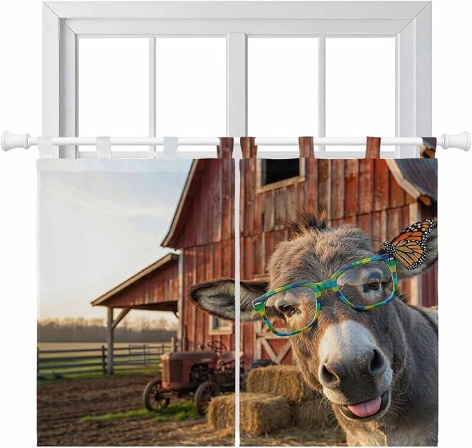 Farm Donkeys Kitchen Curtains 45 Inch Length, Short Cafe Window Curtains Tab Top by Unknown
