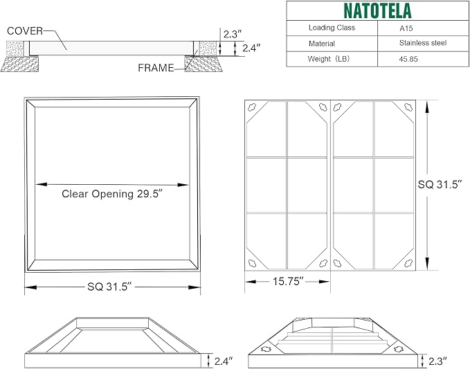 32x32in Multi-Part Invisible Manhole Cover All Stainless Steel Square Metal - Image 2