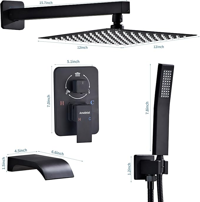 10" Matte Black Shower Faucet Set – Square Rainfall Showerhead + Handheld & Waterfall Spout, Wall-Mounted, Anti‑Clog Silicone – Modern Bathroom Hardware