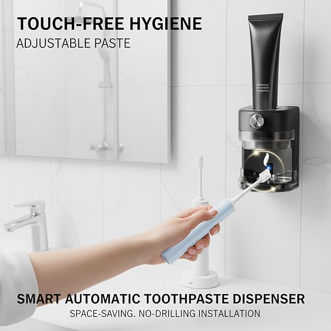 Automatic Toothpaste Dispenser Smart Sensor Toothpaste Dispenser Wall Mounted Electric with Adjustable Output for Kids Family Bathroom