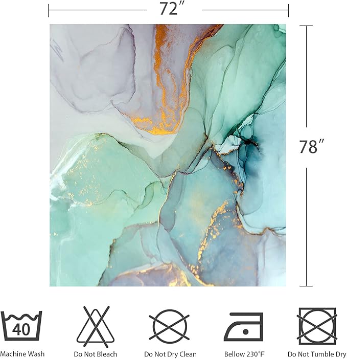 Gibelle Long Fabric Shower Curtain 72 x 78, Tall Abstract Marble Shower Curtains for Bathroom, Blue Green Purple Jade Texture Gold Stripes Ombre Ink Art Decor Bathroom Curtains Set
