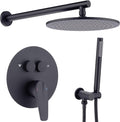 TRUSTMI 10 Inch Matte Black Shower System Push Button Diverter Wall Mounted Round Rainfall and Handheld Shower Trim Kit with Valve (Pressure Balance)