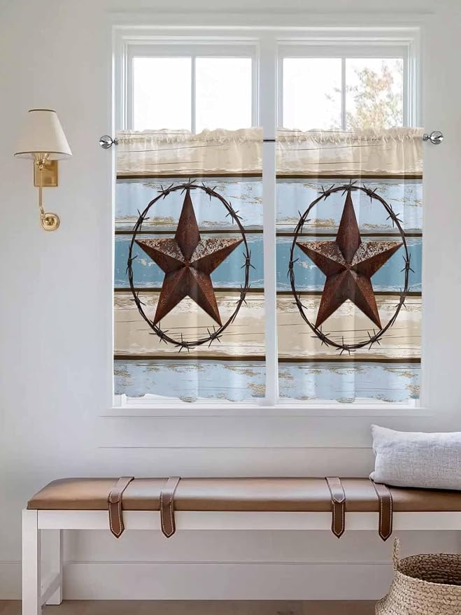 Vintage Western Star on Wood Grain Window Valance Curtains, Retro Wooden - Image 3