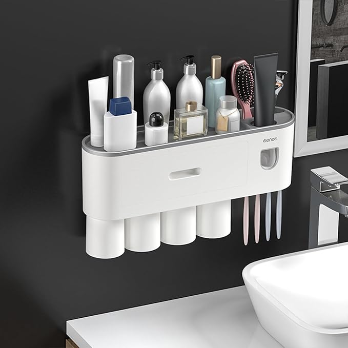 No-Drill Wall Mounted Toothbrush Holder, Bathroom Shelf, with Automatic Toothpaste Dispensers 4 Brush Hooks 4 Magnetic Cups 1 Cosmetic Drawer Organizer and Large Storage (1 Dispenser 4 Cups)
