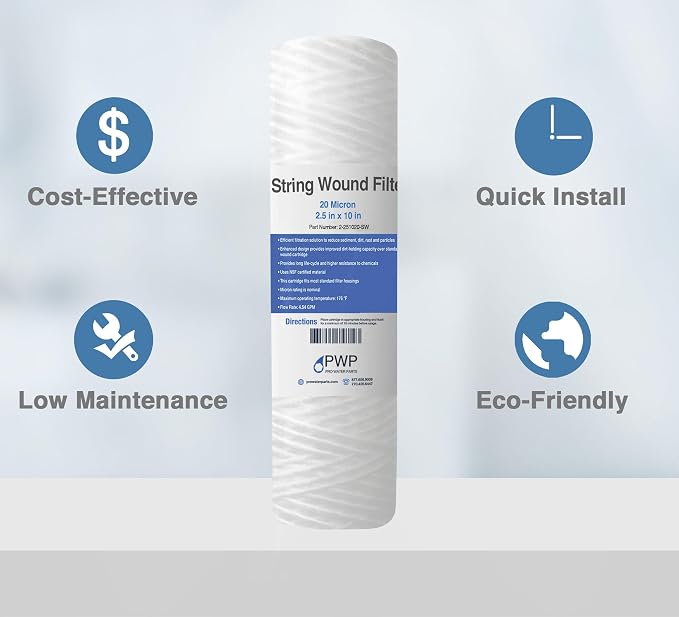 Sediment String Wound Water Filter Cartridge Standard 2.5x10" 20 Micron 25 Pack - Image 2
