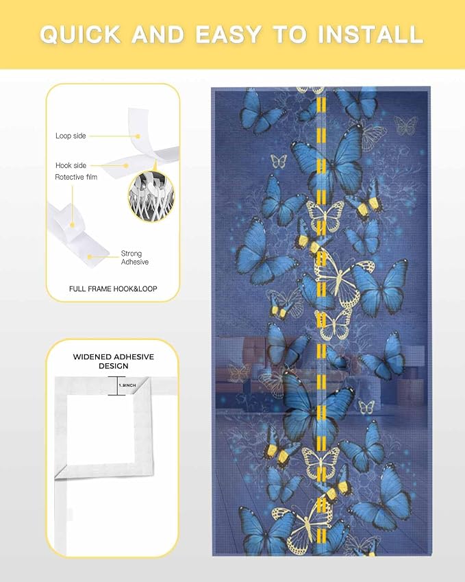 Screen Door 38"x83" Blue Butterfly Door Screen Magnetic Closure - Image 4