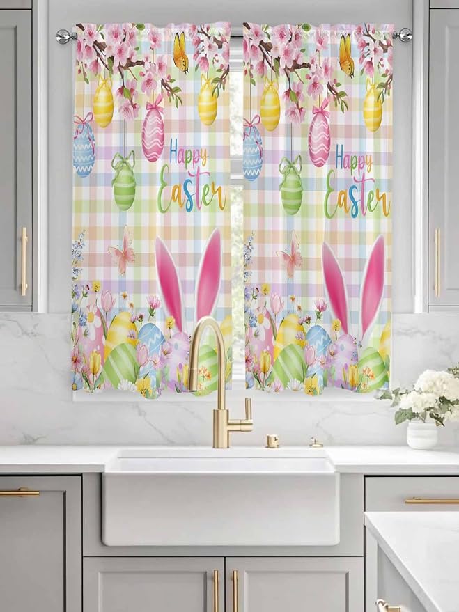 Happy Easter Bedroom Curtains 63 Inches length, Spring Bunny Colorful Eggs - Image 3