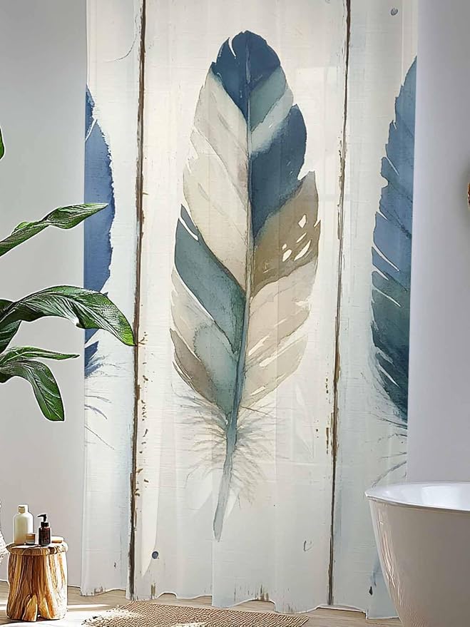 Sheer Curtains 84 Inches Long, Boho Blue Feathers Semi Sheer Curtains Light - Image 4