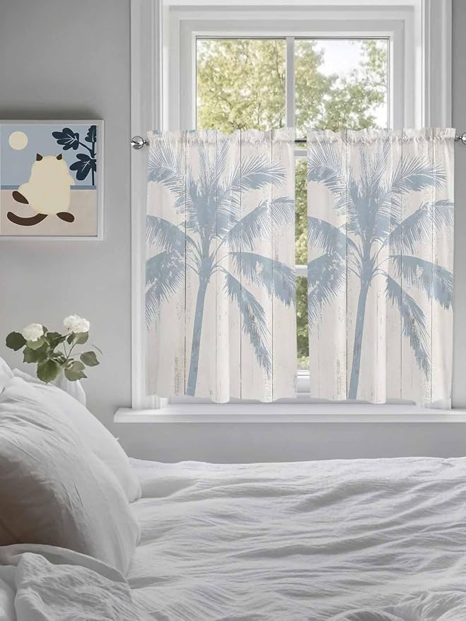 Summer Coconut Tree on Vintage Wood Grain Window Valance Curtains, Seaside - Image 4
