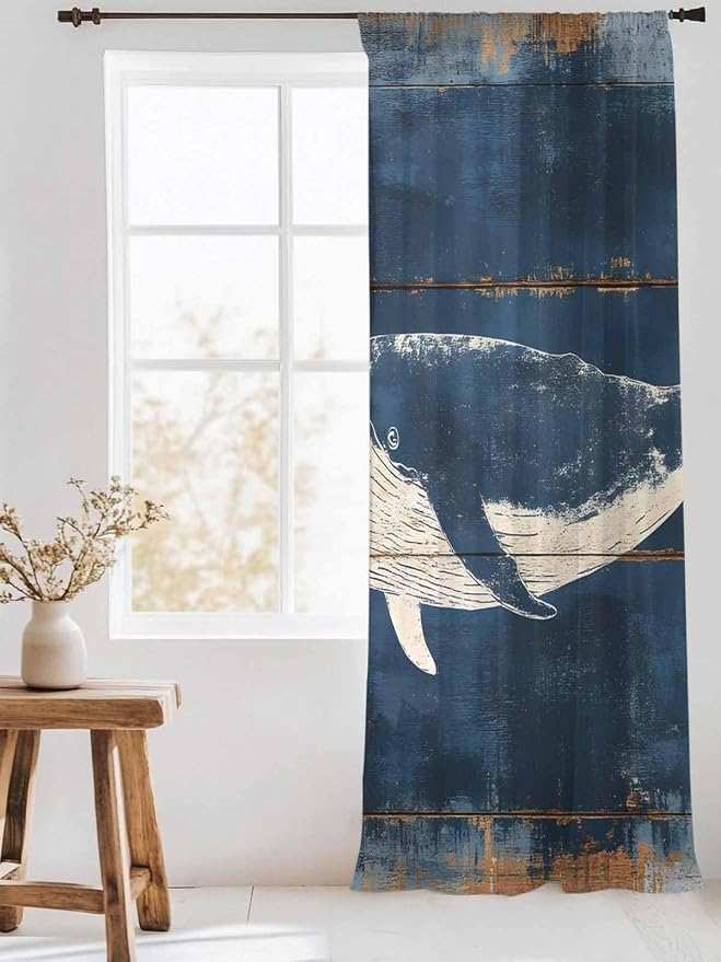 Sheer Curtains 96 Inches Long, Summer Whale Blue Semi Sheer Curtains Light - Image 3