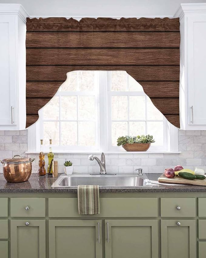 Brown Wooden Board Swag Kitchen Curtains Valance and Tier Set, Vintage Wood - Image 2