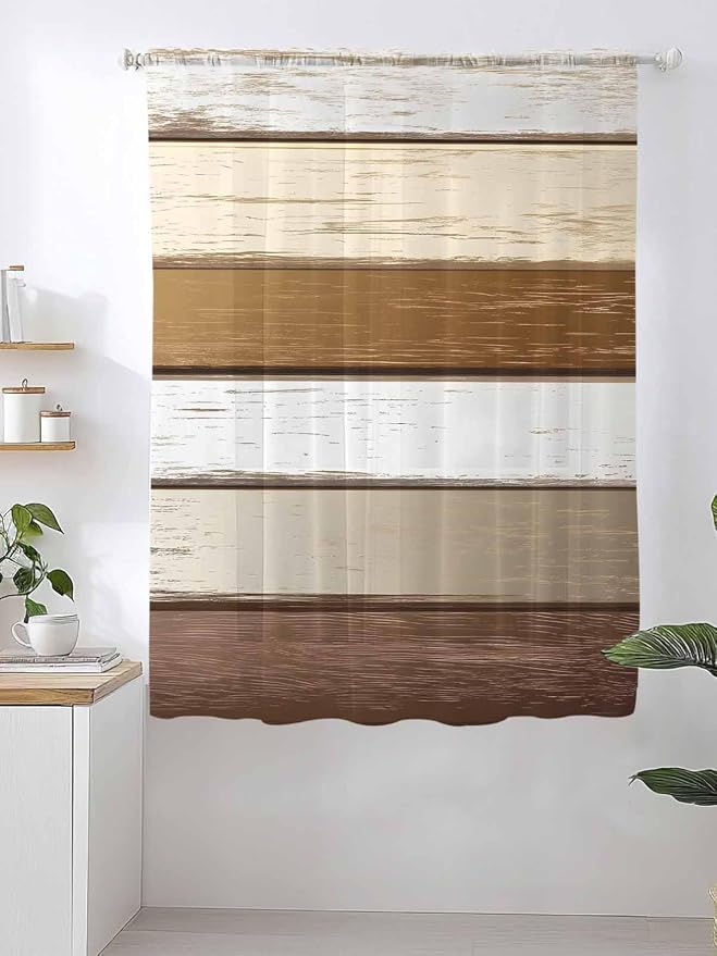 Sheer Curtains 63 Inch Length, Vintage Geometric Brown Semi Sheer Curtains - Image 2