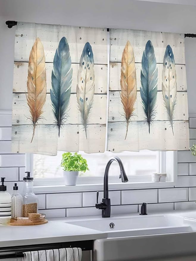 Sheer Curtains 45 Inch Length, Boho Blue Feathers Semi Sheer Curtains Light - Image 5
