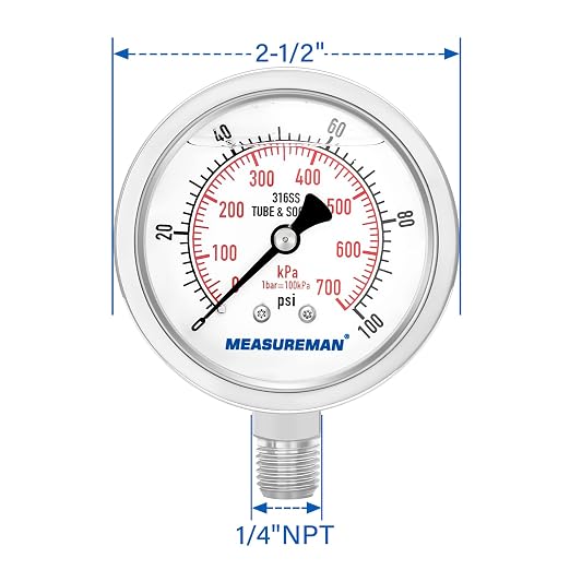 MEASUREMAN Pressure Gauge 1/4 NPT, 0-100psi/kPa Fully Stainless Steel Hydraulic - Image 7