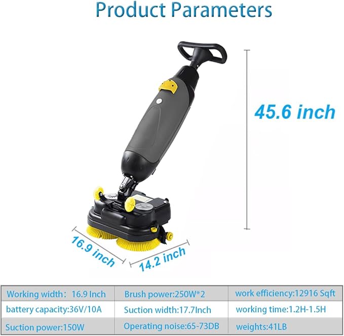 Professional-Grade Mini Floor Scrubber Ultra-Compact & Portable Cordless Design 90-120 Min Battery 16.9" Wide Cleaning for Home, Office, Bathrooms & Small Commercial Spaces, Tile & Sealed Floors