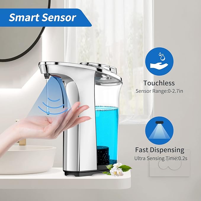 Automatic Soap Dispenser Touchless 17oz/500ml, Set of 2 Pack Liquid Soap Dispenser, Battery Countertop Dispensers with 5 Adjustable Levels, Bathroom Lotion Dispensers Over Sink, Silvery