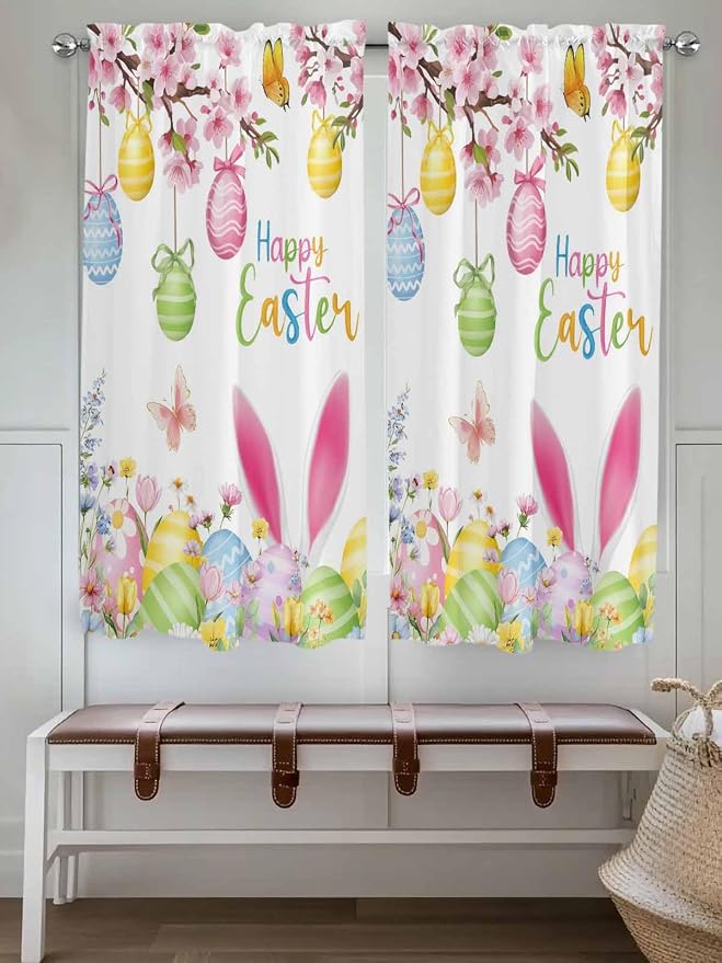 Happy Easter Bedroom Curtains 63 Inches length, Spring Watercolor Bunny Eggs - Image 4
