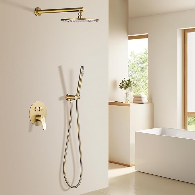 TRUSTMI Push Button Shower System, Brushed Brass Gold 10 Inch Rainfall Shower Set, Pressure Balanced Rough-In Valve and Trim Kit, Wall Mount