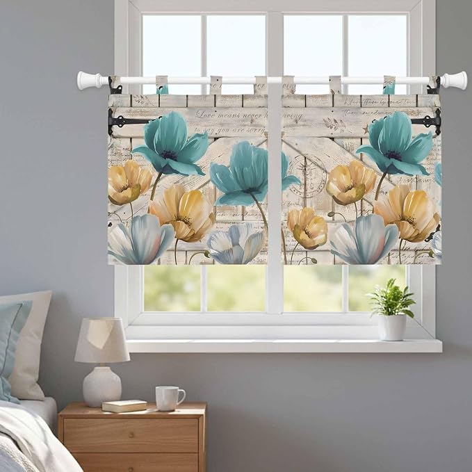 Watercolor Flowers Kitchen Curtains 36 Inch Length, Small Window Curtains Tab - Image 9