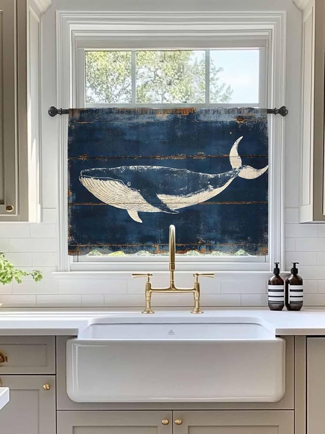 Sheer Curtains 45 Inch Length, Summer Whale Blue Semi Sheer Curtains Light - Image 3