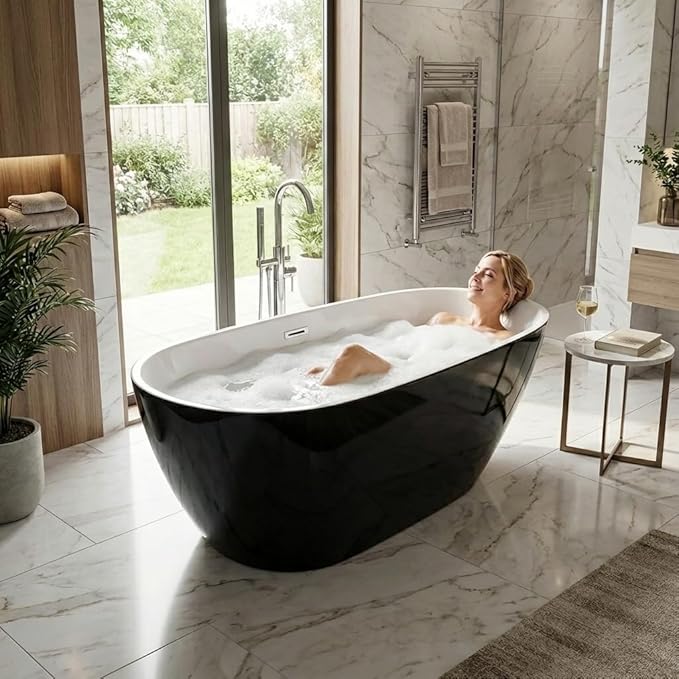 59 Inch Acrylic Freestanding Bathtub, Acrylic Soaking Bathtub with Matte Drain and Overflow, Modern Square Tub, CUPC Certified, Deep Ergonomic Design, Double-Walled Insulation, Easy Installation