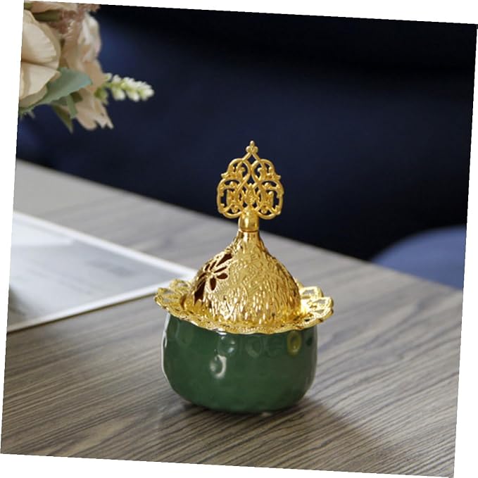 European Style Small Green Ceramic Incense Burner Metal Censer - Image 8