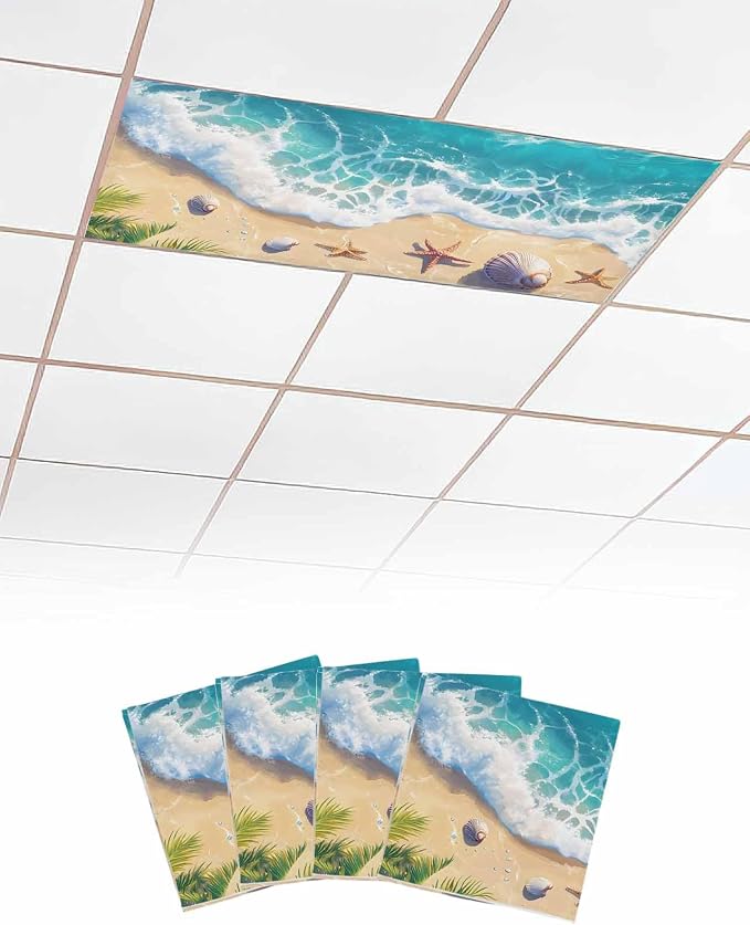 Ocean 4 Pcs Fluorescent Light Covers, Sandy Beach Marine Wave Seashell Magnetic by Gsypo