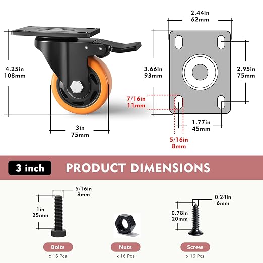 3 Inch Heavy Duty Caster Wheels, Industrial Casters Set of 4 Load 1200lbs - Image 2