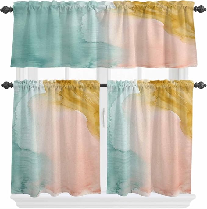 Kitchen Window Curtains Valance and Tier Set, Abstract Desert Mountains Rod - Image 2