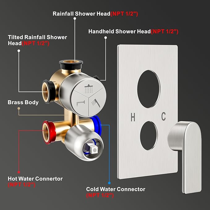 Shower Faucet Set,3-Setting Push Button Brushed Nickel Shower System, 12 Inch Ceiling Mounted Shower Head, 6 Inch Wall Mounted Rain Shower Head with 2 in 1 Handheld Spray, Shower Valve Trim Kit