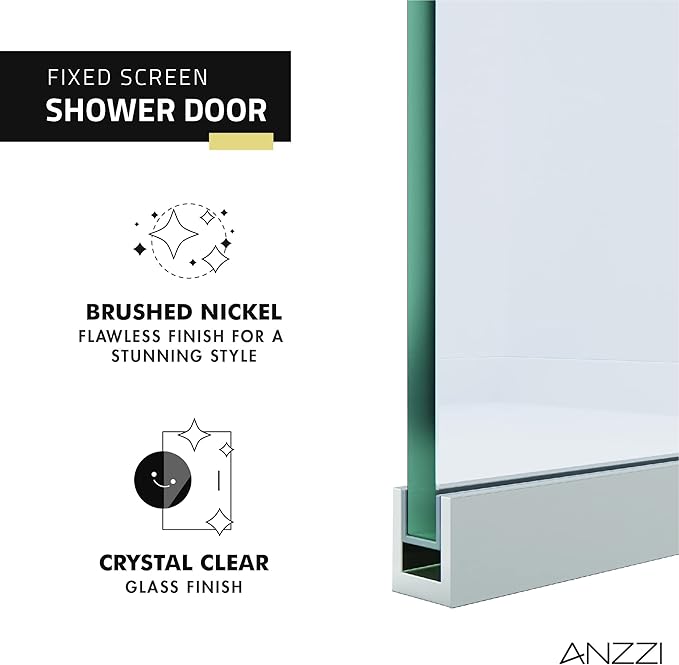 ANZZI 74 X 34 Inch Frameless Fixed Glass Shower Screen Shower Door in Brushed Nickel, Screen Water Repellent Clear Tempered Glass Single Panel for Shower Room, Glass Screen Frame Hardware Complete Kit