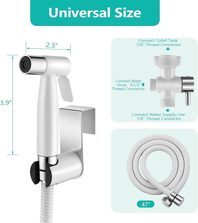 BARROCK Handheld Bidet Sprayer for Toilet, Stainless Steel Metal Made Baby Cloth Diaper Spraying Kit, Bathroom Toilet Bidet Attachment Set for Bathing Pets and Feminine Hygiene, Chrome and White
