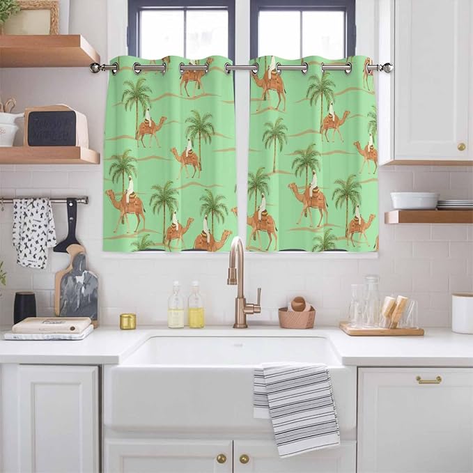 2 Panel Kitchen Cafe Curtains, Desert Camels Sunlight Filtering Nature Air - Image 2