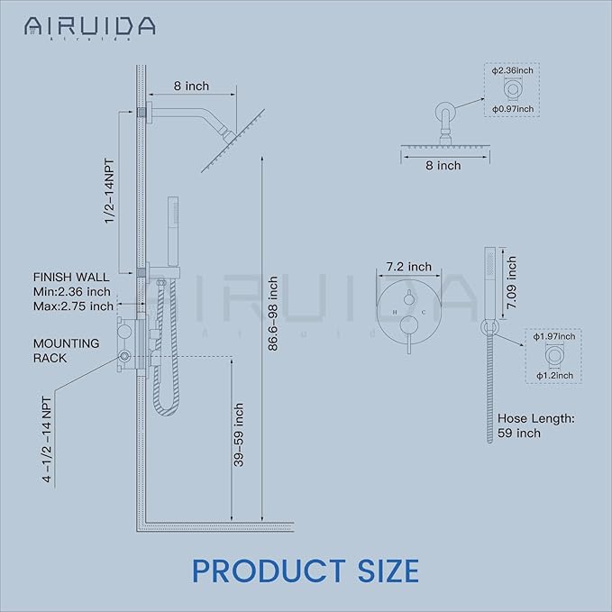 Airuida Shower Fixtures 2 Functions Shower Faucet Set Wall Mounted for Bathroom High Pressure Brass Handheld Shower with Rough-in Valve Round Rainfall 8 Inch Shower Head Brushed Nickel