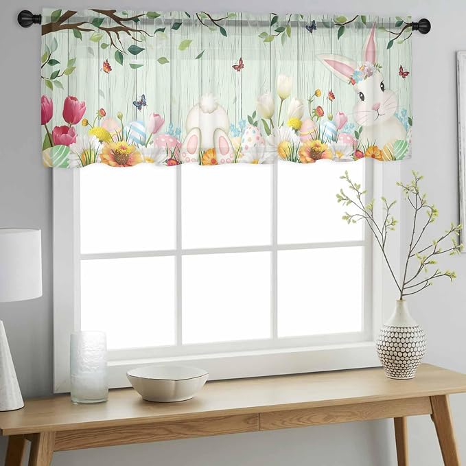 Easter Sheer Valances for Windows 42"x12", Light Filtering Kitchen Curtains - Image 2